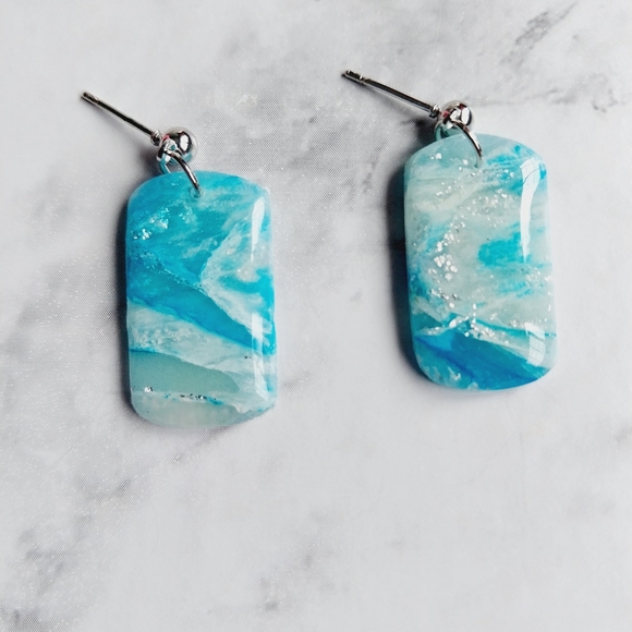 OpalGlaze Quartz Clay Ocean Color Rectangles Hand crafted Earrings. - Picture 3 of 3